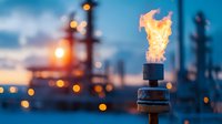 Bright orange flame burning on industrial gas torch against blurred blue twilight background with oil refinery lights and equipment silhouettes.