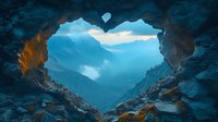 Heart-shaped cave opening reveals misty mountain landscape with dramatic blue sky and sunlit clouds, framed by rugged rocky walls glowing with warm orange light.