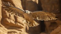 Majestic falcon with spread wings soaring against golden desert background, displaying detailed feather patterns and natural hunting posture in warm sunlight.