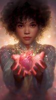 Young African American woman with curly afro hair holding glowing magical heart in her hands, surrounded by sparkles and ethereal light against dreamy background.