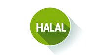 Green circular badge with halal text in white letters on isolated background, modern flat design style with long shadow effect for food packaging and labels.