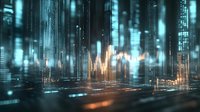 Futuristic digital cityscape with glowing skyscrapers and data streams flowing through virtual urban environment for technology and innovation concepts.