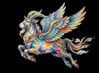 Ornate mythical winged goat creature with elaborate horns, flowing mane, and decorative feathered wings in vibrant blue, gold, and orange tones. Isolated on transparent background, ready for t-shirts, stickers, clipart, and print-on-demand designs.