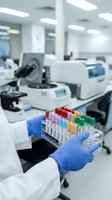 Laboratory technician in blue gloves holding test tube rack with colorful samples in modern medical research facility with microscope and equipment.