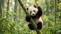 Giant panda cub climbing tree branch in lush forest environment with green foliage, wildlife photography for nature and animal education content.