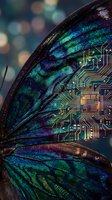 Butterfly wing with integrated circuit board patterns showcasing biomimicry and technology fusion in iridescent blue and green colors with bokeh background.