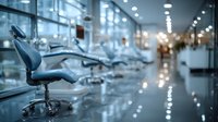 Modern dental office interior with professional treatment chairs and advanced equipment in clean clinical environment for healthcare marketing.