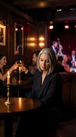 Mature businesswoman sitting alone at upscale bar counter with warm ambient lighting and blurred patrons in background for hospitality concepts.