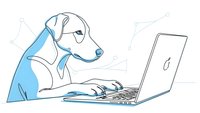 Dog wearing blue shirt typing on laptop computer for remote work and business technology concepts.