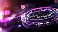 Futuristic cryptocurrency trading concept with glowing chart reflection on metallic surface amid purple bokeh lights and digital particles in space.