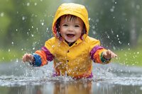 Joyful toddler in yellow raincoat playing in puddle during rain shower, splashing water with pure happiness and excitement while wearing colorful clothing.