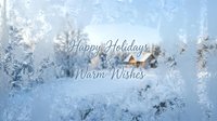 Happy Holidays, Warm Wishes text overlay on frosted winter landscape with snow-covered evergreen trees and icy window frost patterns, suitable for seasonal greeting cards and holiday marketing.