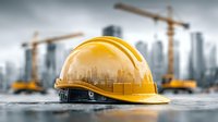 Yellow safety helmet on construction site with tower cranes and city skyline in background for industrial workplace safety and building development projects.