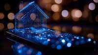 Glowing digital house hologram on computer keyboard with bokeh lights in dark blue tones, representing smart home technology and digital transformation.