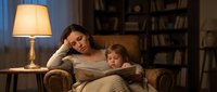 Mother and young daughter reading book together on cozy armchair in warm living room with lamp and bookshelf creating intimate family bonding moment at home.