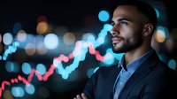 Young African American businessman looking at glowing financial chart with bokeh city lights background, analyzing market trends and investment data.