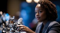 Young African American businesswoman in suit holding whiskey glass at upscale bar, professional networking event, corporate entertainment lifestyle.