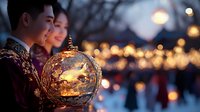 Young Asian couple admiring illuminated glass ornament at winter festival with bokeh lights and evening atmosphere creating romantic holiday mood.
