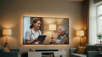 Doctor and senior male patient reviewing medical records on tablet during consultation in warm home setting.