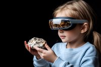 Young Caucasian girl wearing augmented reality headset examining virtual geological specimen in her hands against dark background. Modern education concept.