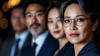Asian business professionals in corporate environment with confident expressions and professional attire against blurred bokeh background.