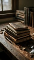 Stack of old vintage books on wooden table in dusty library room with sunlight streaming through window creating atmospheric reading environment.