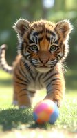Curious tiger cub playing with colorful ball on green grass in sunlight, showing playful expression and natural hunting instinct. Close up portrait captures striped fur detail.
