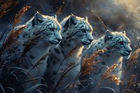 Three snow leopards in profile view against dramatic evening light, surrounded by golden grass stalks in mountain wilderness. Artistic wildlife scene.