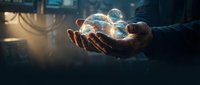 Hands holding glowing digital spheres representing data, technology, and innovation in business environment with bokeh background.