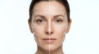 Young woman face with cosmetic surgery markings showing before and after skin rejuvenation treatment for anti-aging skincare and beauty enhancement procedures.