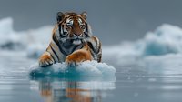 Majestic Bengal tiger resting on floating ice in arctic waters, with reflection in calm sea, dramatic cloudy sky background creates surreal wildlife scene.