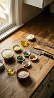 Fresh cooking ingredients and spices arranged in small bowls on rustic wooden kitchen counter with natural sunlight streaming through window.