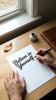Hands writing Believe in Yourself motivational quote with fountain pen on paper at wooden desk with ink pot and leather journal.