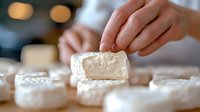 Fresh soft cheese with white mold rind being picked up by hand, showing texture and ripeness. Close-up view of artisanal dairy product on wooden surface.