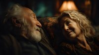 Elderly couple laughing together in warm candlelight, showing joy and connection in their golden years, perfect for relationship and aging content.