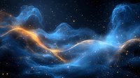 Cosmic nebula with glowing blue and golden clouds swirling through starlit space, creating ethereal waves and luminous patterns against dark celestial background.
