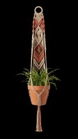 Boho macrame plant hanger with terracotta pot and fern, isolated on transparent background, ready for T-shirts, stickers, print on demand, and clipart use.
