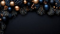 Elegant Christmas border with copper and navy blue ornaments on dark background, pine branches and berries creating festive frame.