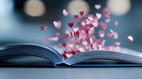 Open book with pink heart shapes floating upward against blurred blue background, creating magical romantic atmosphere for valentines day or love story concept.