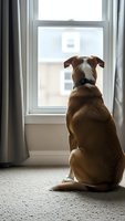 Brown and white dog sitting by window looking outside with natural light streaming through curtains in cozy home interior for pet care concepts.