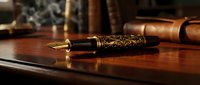 Luxury fountain pen with ornate gold nib resting on polished wooden desk, vintage books and leather accessories in soft background lighting for writing and stationery concepts.