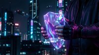 Futuristic cyberpunk businessman holding holographic digital shield with neon lights in smart city at night for cybersecurity and data protection concepts.