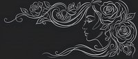 Elegant woman profile with flowing hair adorned with roses in continuous line art style on dark background for beauty salon branding and feminine designs.