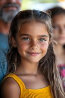 Young girl with long wavy brown hair and bright blue eyes smiling warmly in yellow knit top with blurred family background for lifestyle photography.