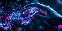 Glowing DNA helix strand with human hand reaching out, illuminated by blue and purple particles against dark background, representing genetic research and biotechnology.