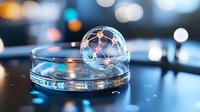 Crystal sphere with geometric pattern sits on glass surface reflecting colorful bokeh lights in modern urban setting for meditation and mindfulness concepts.