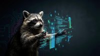 Raccoon interacting with futuristic holographic digital interface displaying data charts and code on dark background for technology concepts.