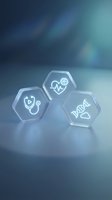 Medical healthcare concept with transparent hexagonal blocks featuring stethoscope, heart rate and DNA icons on blue gradient background.