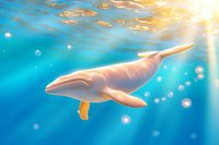 Majestic whale swimming in turquoise ocean waters with sunlight streaming through surface, creating magical underwater atmosphere with floating bubbles.