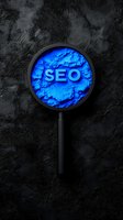 Glowing blue SEO text viewed through magnifying glass against dark textured background, symbolizing search engine optimization and digital marketing concept.